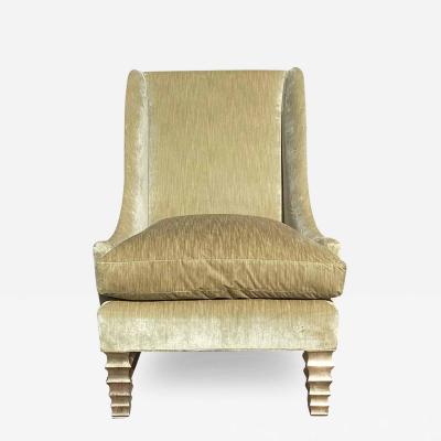 Modern Wingback Down Filled Green Silk Velvet Giltwood Chair