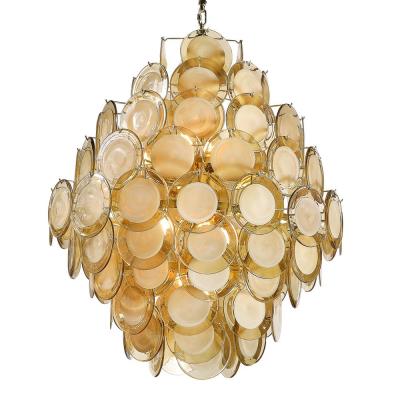 Modernist 10 Tier Handblown Topaz Murano Glass Disc Chandelier w Brass Fittings