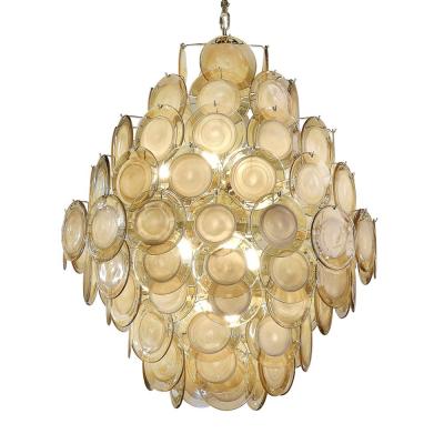 Modernist 10 Tier Handblown Topaz Murano Glass Disc Chandelier w Brass Fittings