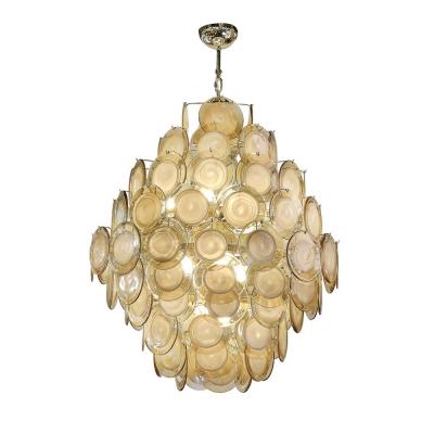 Modernist 10 Tier Handblown Topaz Murano Glass Disc Chandelier w Brass Fittings