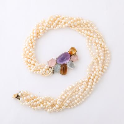 Modernist 14k Gold Cultured Pearl Necklace w Cabochon Gems signed Willis