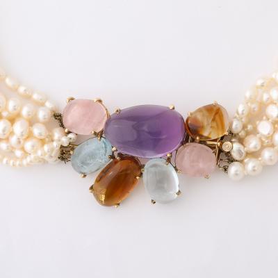 Modernist 14k Gold Cultured Pearl Necklace w Cabochon Gems signed Willis
