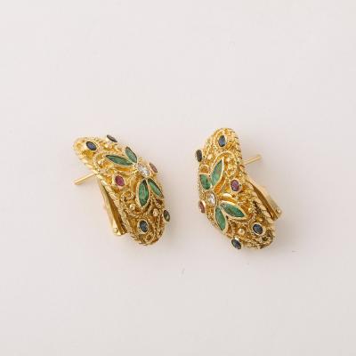 Modernist 18 Karat Gold Earrings W Emeralds Diamonds Rubies Sapphires