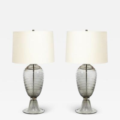 Modernist Art Deco Style Hive Form Hand Blown Murano Smoked Glass Table Lamps