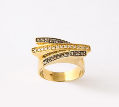 Modernist Black and White Diamond and Gold Ring