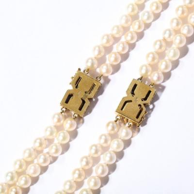 Modernist Bold Double Strand pearl Necklace with Lapis Gold And Diamond Clasps
