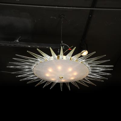 Modernist Brass Fitted Hand Blown Murano Glass Starburst Spike Form Chandelier