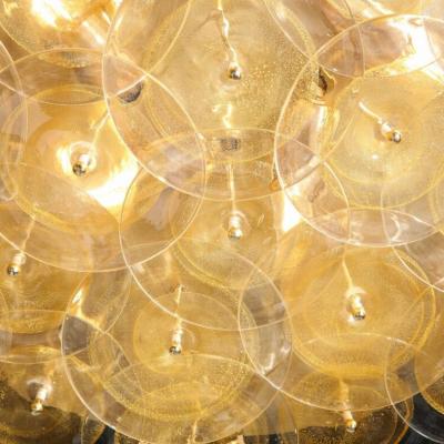Modernist Brass Flush Mount with Handblown Murano Gold Translucent Glass Discs