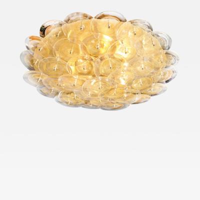 Modernist Brass Flush Mount with Handblown Murano Gold Translucent Glass Discs