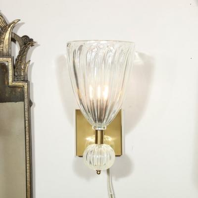 Modernist Brass Handblown Iridescent Murano Glass Sconces w Orbital Drop