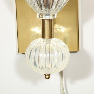 Modernist Brass Handblown Iridescent Murano Glass Sconces w Orbital Drop