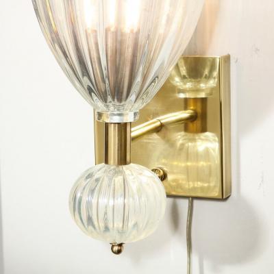 Modernist Brass Handblown Iridescent Murano Glass Sconces w Orbital Drop