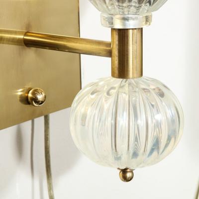 Modernist Brass Handblown Iridescent Murano Glass Sconces w Orbital Drop