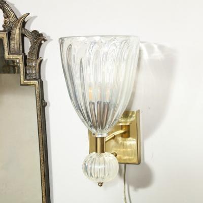 Modernist Brass Handblown Iridescent Murano Glass Sconces w Orbital Drop