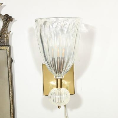 Modernist Brass Handblown Iridescent Murano Glass Sconces w Orbital Drop