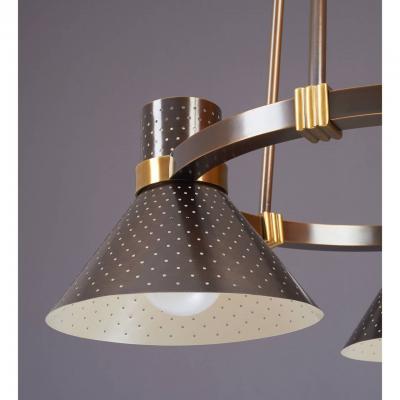Modernist Bronze Chandelier with Perforated Shades France 1950s