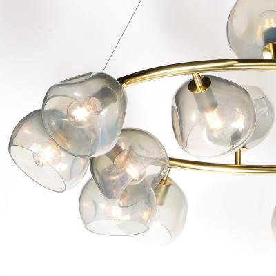Modernist Brushed Brass Smoked Organic Hand Blown Murano Glass Chandelier