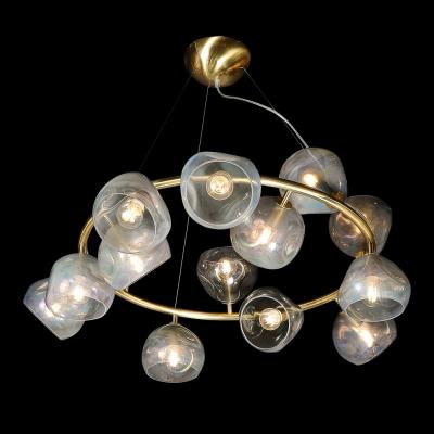 Modernist Brushed Brass Smoked Organic Hand Blown Murano Glass Chandelier