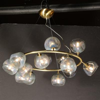 Modernist Brushed Brass Smoked Organic Hand Blown Murano Glass Chandelier