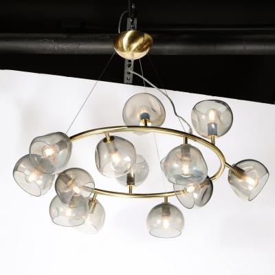 Modernist Brushed Brass Smoked Organic Hand Blown Murano Glass Chandelier