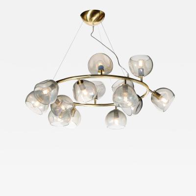 Modernist Brushed Brass Smoked Organic Hand Blown Murano Glass Chandelier