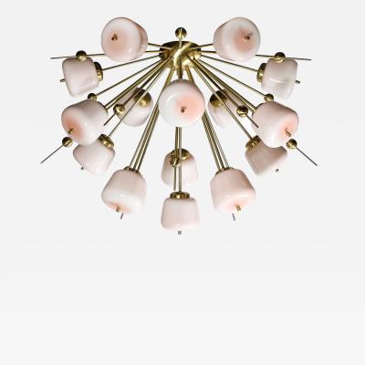 Modernist Brushed Brass White Murano Glass Sputnik Flush Mount Chandelier