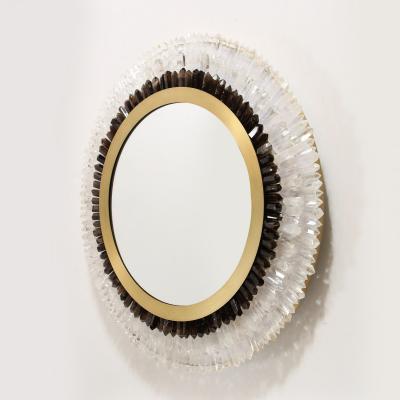 Modernist Brushed Brass White Smoked Rock Crystal Circular Wall Mirror
