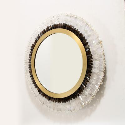 Modernist Brushed Brass White Smoked Rock Crystal Circular Wall Mirror