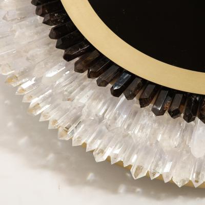 Modernist Brushed Brass White Smoked Rock Crystal Circular Wall Mirror