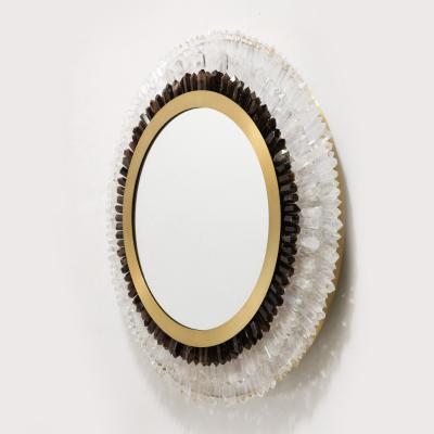 Modernist Brushed Brass White Smoked Rock Crystal Circular Wall Mirror