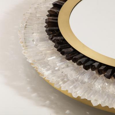Modernist Brushed Brass White Smoked Rock Crystal Circular Wall Mirror