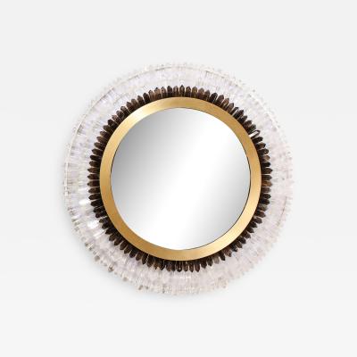 Modernist Brushed Brass White Smoked Rock Crystal Circular Wall Mirror