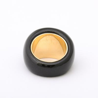 Modernist Cabochon Opal 14k Yellow Gold Black Enameled Dome Ring