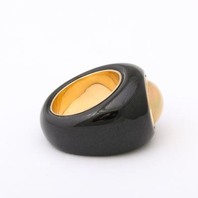 Modernist Cabochon Opal 14k Yellow Gold Black Enameled Dome Ring