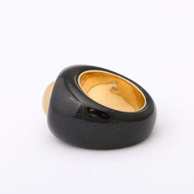 Modernist Cabochon Opal 14k Yellow Gold Black Enameled Dome Ring