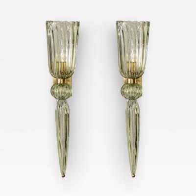 Modernist Celadon Hand Blown Murano Glass Brass Sconces with Elongated Drop