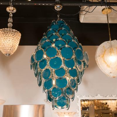 Modernist Chrome Murano Chandelier with Cerulean Blue and Clear Discs