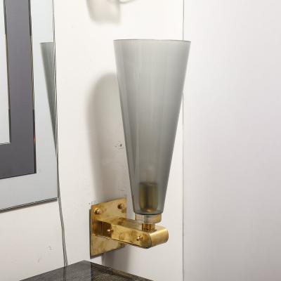 Modernist Conical Smoked Graphite Hand Blown Murano Glass Brass Sconces
