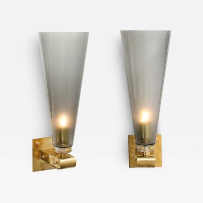 Modernist Conical Smoked Graphite Hand Blown Murano Glass Brass Sconces