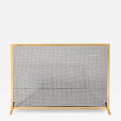 Modernist Custom Fire Screen in Brushed Brass w Iron Mesh Grill