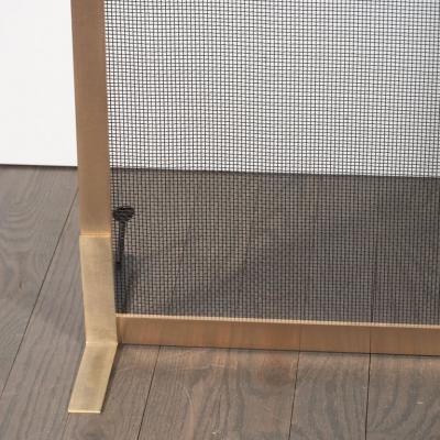 Modernist Custom Made Fire Screen in Brushed Brass with Iron Mesh Grill
