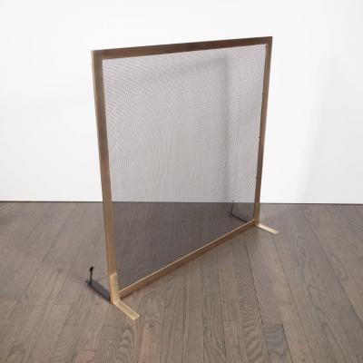 Modernist Custom Made Fire Screen in Brushed Brass with Iron Mesh Grill
