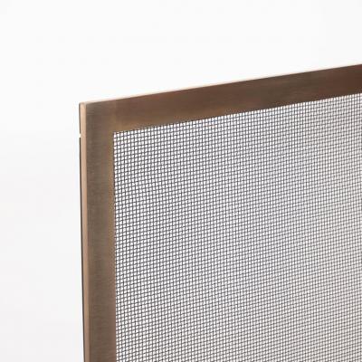 Modernist Custom Made Fire Screen in Brushed Brass with Iron Mesh Grill