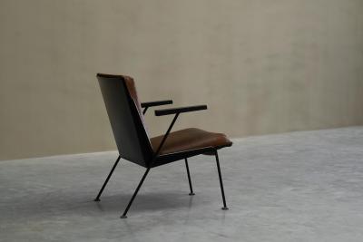 Modernist Dutch Lounge Chair in Enameled Steel and Patinated Brown Leather 1950s