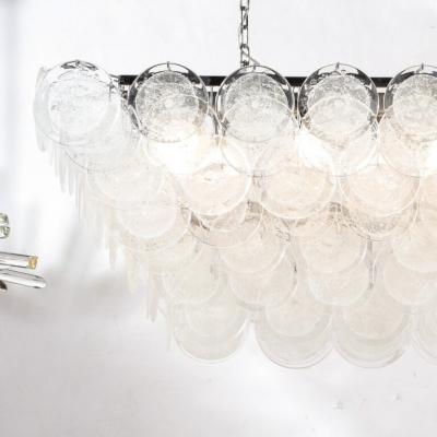 Modernist Elongated Hand Blown Transparent Murano Glass Disc Chrome Chandelier