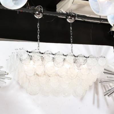 Modernist Elongated Hand Blown Transparent Murano Glass Disc Chrome Chandelier