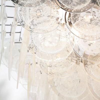 Modernist Elongated Hand Blown Transparent Murano Glass Disc Chrome Chandelier