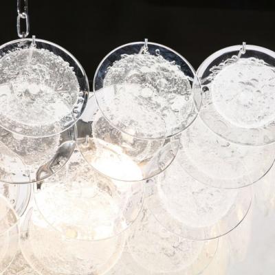 Modernist Elongated Hand Blown Transparent Murano Glass Disc Chrome Chandelier