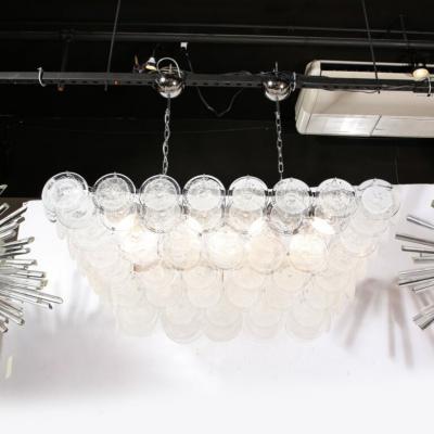 Modernist Elongated Hand Blown Transparent Murano Glass Disc Chrome Chandelier