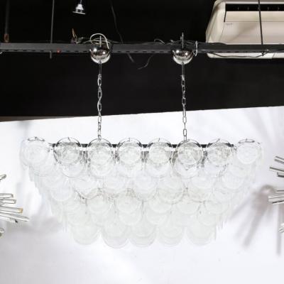 Modernist Elongated Hand Blown Transparent Murano Glass Disc Chrome Chandelier